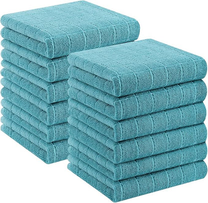 Homaxy 100% Cotton Terry Kitchen Towels(Lake Blue, 13 x 28 inches), Checkered Designed, Soft and Super Absorbent Dish Towels, 12 Pack