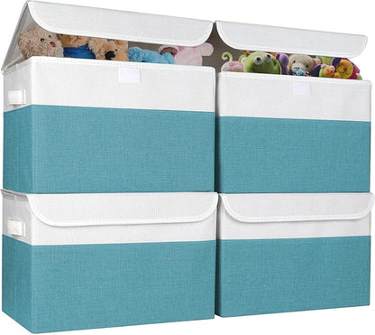 Large 22 Quart Linen Fabric Foldable Storage Bin Cube Organizer Basket with Flip-Top Lid & Handles, Clothes Blanket Box for Home, Office, Closet, Teal & White, 4 Pack 14.6 x 9.5 x 9.5
