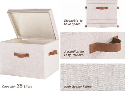 StorageWorks Fabric Storage Bins with Lid, Decorative Storage Boxes for Shelves, Stackable Closet Organizer Basket with Handles, Jumbo, Brown and Beige, 2-Pack