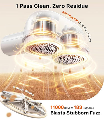 TORRAS Dual-Head Fabric Shaver, Longest Durability & 50ml Large Capacity Rechargeable Lint Removers to Remove Pills, 6-Leaf Blades Defuzzer, Electric Shaver for Clothes Couch Furniture, Pearl White