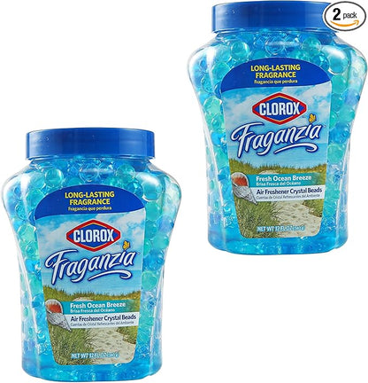 Clorox Fraganzia Crystal Beads Air Freshener, Long Lasting Room Deodorizer and Odor Eliminator Gel Beads to Freshen Home, Car, or Office, Fresh Ocean Breeze Scent, 12 Fl Oz - 2 Pack