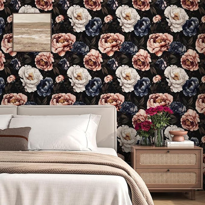 Fvlow Vintage Floral Wallpaper Peel and Stick Dark Black White Red Rose Flowers Wall Paper 17.4" x 394" Waterproof Self Adhesive Removable Contact Paper for Bedroom Cabinets Table Drawers Home Decor