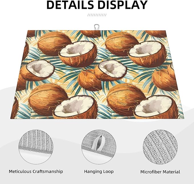 Coconuts Pattern Dish Drying Mats for Kitchen Counter, Absorbent Reversible Microfiber Dish Drying Pad, Multi-Use Large Drying Mat Coffee Bar Accessories 18"x24"
