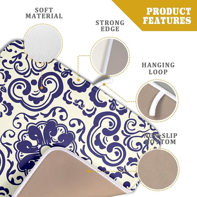 Boho Ethnic Design Dish Drying Mat for Kitchen Counter,Blue Bohemian Mandala Drying Mat 16 x 18 Inch with High Absorbent Reversible Microfiber Dish Drying Pad Dish Rack Pad Drainer Mat for Coffee Bar