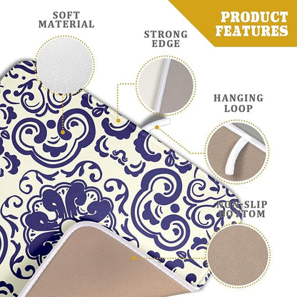Boho Ethnic Design Dish Drying Mat for Kitchen Counter,Blue Bohemian Mandala Drying Mat 16 x 18 Inch with High Absorbent Reversible Microfiber Dish Drying Pad Dish Rack Pad Drainer Mat for Coffee Bar