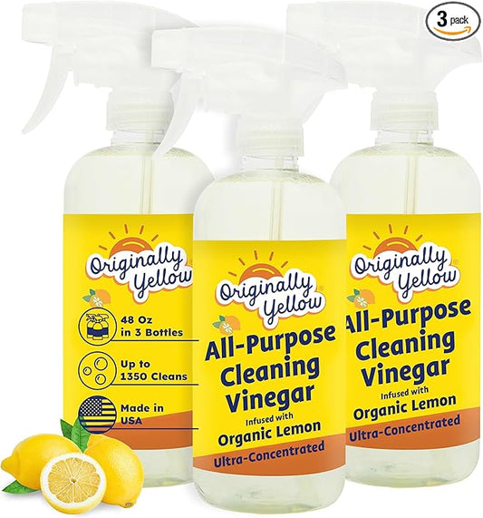 Originally Yellow Lemon Vinegar All Purpose Cleaning Spray | Distilled Cleaning Vinegar | Plant-Derived All Purpose Cleaner | Living Room, Bathroom, & Kitchen | 3 Pack