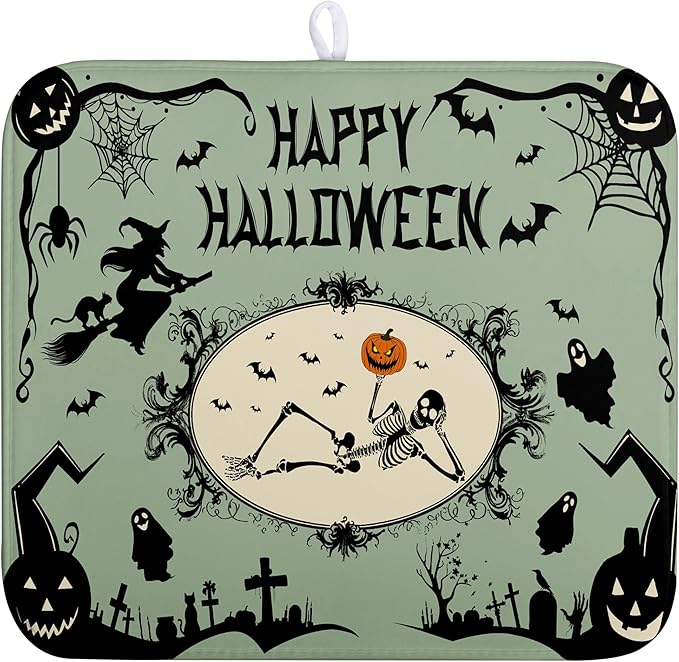 Happy Halloween Dish Drying Mat for Kitchen Counter 16x18 Skull Pumpkin Witch Spider Web Bat Ghost Drying Mats Green Black Absorbent Microfiber Dish Drainer Rack Pad for Coffee Bar