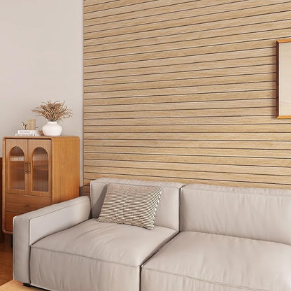 ReWallpaper 24in X 10ft Peel and Stick Wall Panels Light Oak Faux Wood Slat Paneling 3D Foam Backed Acoustic Panels Sound Absorbing Easy Cut DIY for Bedroom Office Headboard Accent Wall Home Decor