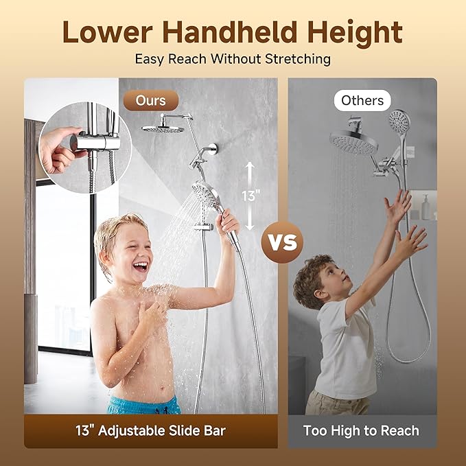 BRIGHT SHOWERS Rain Shower Head with Handheld Spray, High Pressure Dual Shower Head Combo, Adjustable Extension Arm & Slide Bar, 9 Spray Modes Built-in Power Wash, 3-Way Diverter, 69" Hose, Chrome