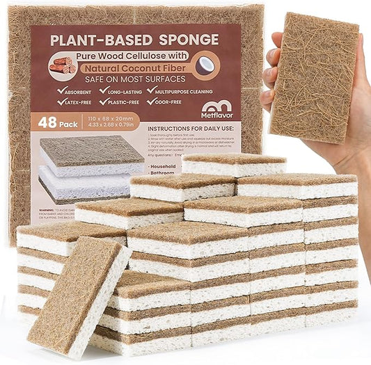 Metflavor Plant-Based Natural Kitchen Sponges,Biodegradable Non-Scratch Cellulose & Coconut Walnut Scrubber Sponge, Eco-Friendly & Sustainable (48 Pack)