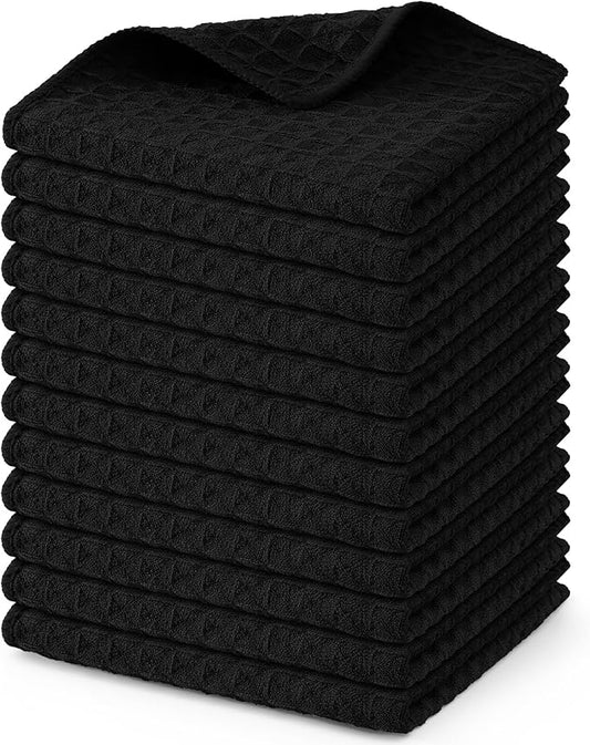 Homaxy Microfiber Waffle Weave Kitchen Dish Cloths, 12 x 12 Inch Ultra Absorbent and Solid Color Dish Towels for Kitchen Fast Drying Dishcloth for Washing Dishes, 12 Pack, Black