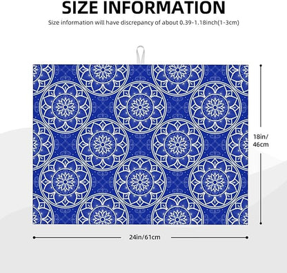 Chinoiserie Blue White Porcelain Dish Drying Mats for Kitchen Counter Sink, Absorbent Microfiber Drying Pad for Dishes, Washable Foldable Chinoiserie Kitchen Mat for Dining Area, Home Decor, 18" x 24"