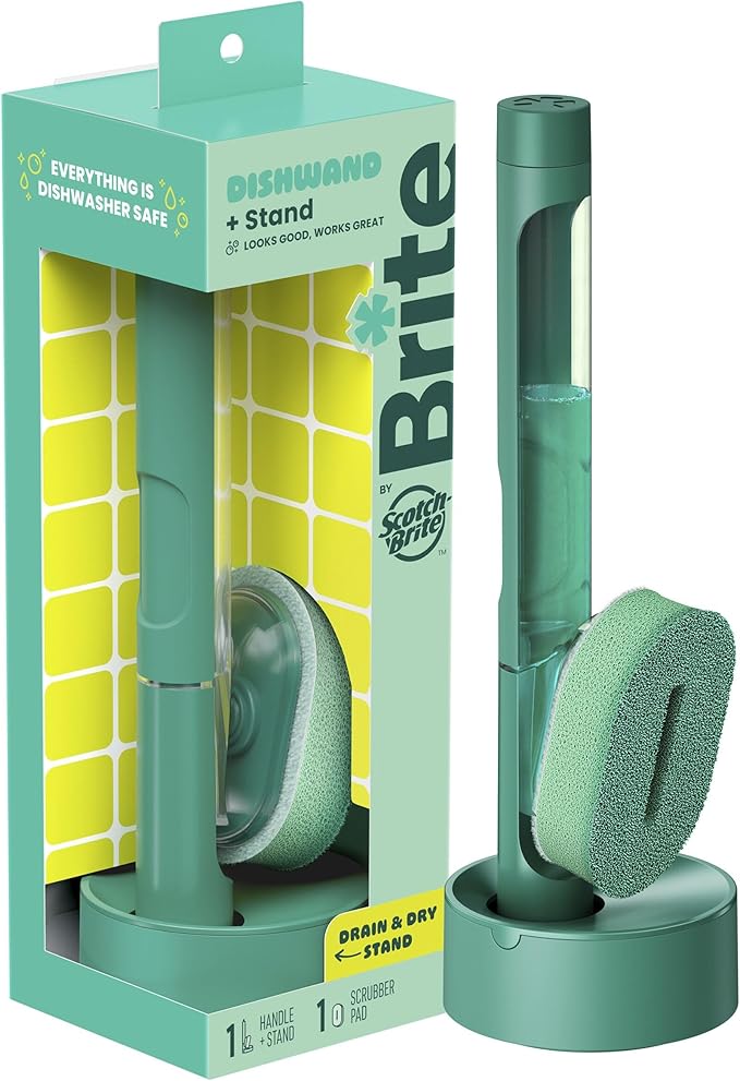 Brite by Scotch-Brite Fillable Dishwand with Drain + Dry Stand, Household and Kitchen Sponge for Washing Dishes, 1 Dish Wand with Soap Dispenser