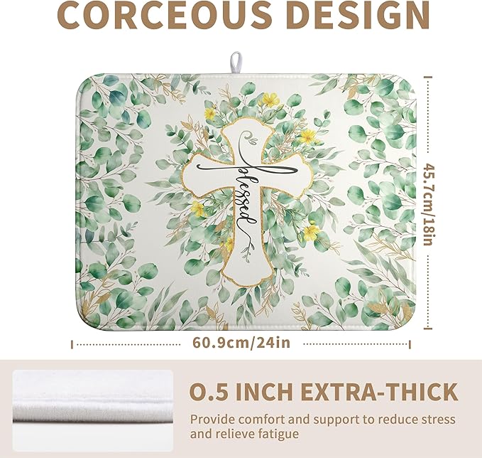 Spring Summer Cross Blessed Dish Drying Mats Spring Eucalyptus Leaves Dish Mat Drying Matt Floral Dishes Dryer Pad for Kitchen Counter Absorbent Microfiber Washable Foldable Reusable 18x24 in
