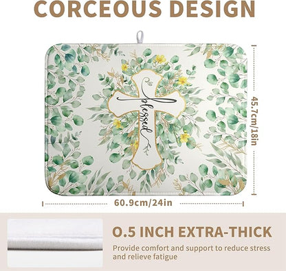 Spring Summer Cross Blessed Dish Drying Mats Spring Eucalyptus Leaves Dish Mat Drying Matt Floral Dishes Dryer Pad for Kitchen Counter Absorbent Microfiber Washable Foldable Reusable 18x24 in