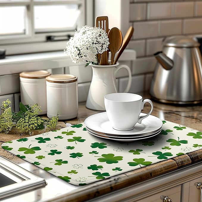 St Patricks Day Dish Drying Mat Shamrock Green Spring Kitchen Dish Drying Pad Absorbent Dish Dryer Mat for Kitchen Countertops Microfiber Dishes Drainer Pad Dish Drying Rack Mat (18x24 in)