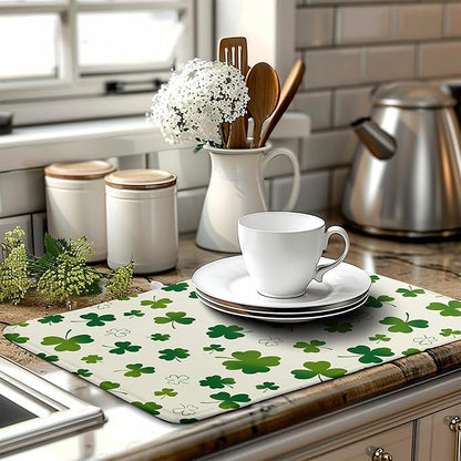 St Patricks Day Dish Drying Mat Shamrock Green Spring Kitchen Dish Drying Pad Absorbent Dish Dryer Mat for Kitchen Countertops Microfiber Dishes Drainer Pad Dish Drying Rack Mat (18x24 in)