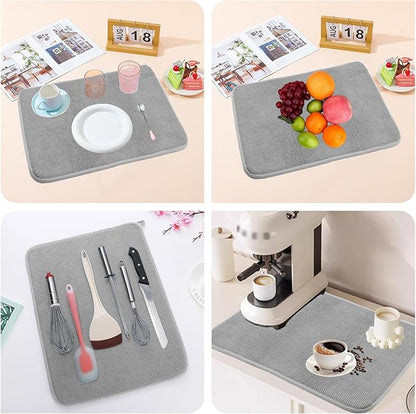 Dish Drying Mat for Kitchen Counter, Absorbent Dish Drainer Mat, Microfiber Dish Drainer Mat, Reusable Washable Dish Drying Pad with Hanging Loop, 18 Inch x 24 Inch, Grey, 2 Pack