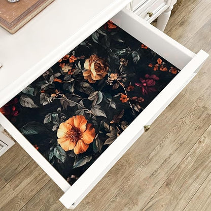 Vintage Floarl Wallpaper Peel and Stick, Black Dark Moody Garden Flower Self Adhesive Removable Wallpapers for Bedroom Powder Room Cabinet, Vinyl Witchy Contact Paper Wall Art 17.5In x 118In