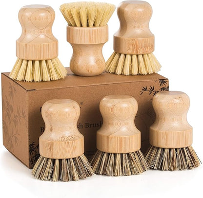 6 Pack Bamboo Dish Brush Set with Palm and Sisal Bristles, Natural Dish Scrubber for Fruit & Vegetables Cleaning, Kitchen Scrub Brush for Cast Iron Pots, Pans, Dishes