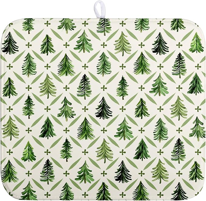 Christmas Dish Drying Mat for Kitchen Counter 16x18 Inch Sage Green Xmas Tree Drying Mats Winter Holiday Dish Drainer Pad Microfiber Absorbent Dish Draining Mat for Coffee Bar