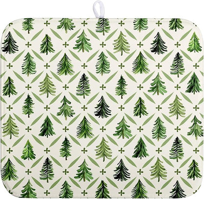 Christmas Dish Drying Mat for Kitchen Counter 16x18 Inch Sage Green Xmas Tree Drying Mats Winter Holiday Dish Drainer Pad Microfiber Absorbent Dish Draining Mat for Coffee Bar