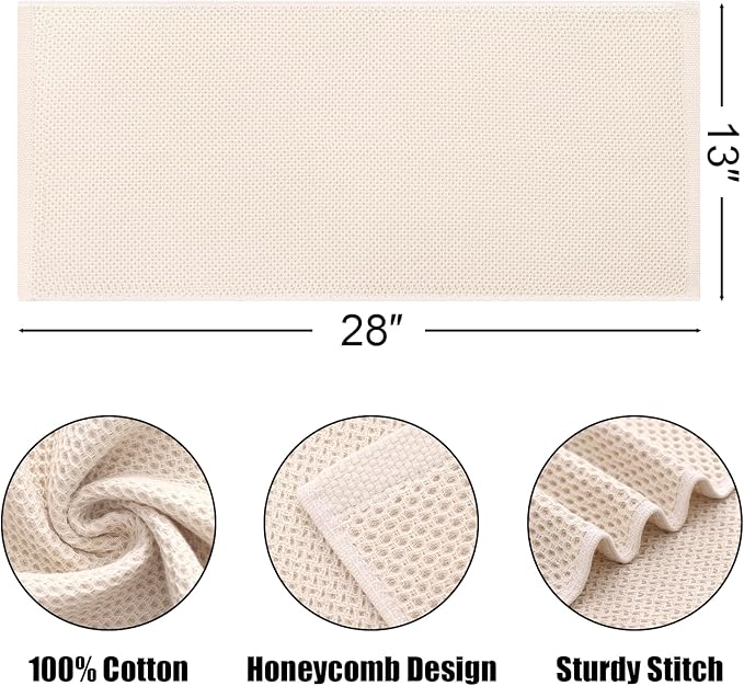 Kitinjoy 100% Cotton Waffle Weave Kitchen Hand Towels (13 X 28 Inches, Beige), 8-Pack Super Soft and Absorbent Dish Towel for Drying Dishes