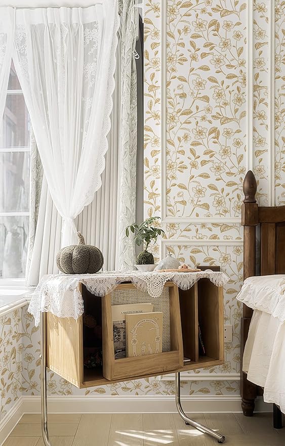 Heroad Floral Wallpaper Peel and Stick White and Gold Contact Paper Boho Peel and Stick Modern Clearance Wall Paper for Cabinets and Drawers Waterproof Self Adhesive 17.3" x 336"
