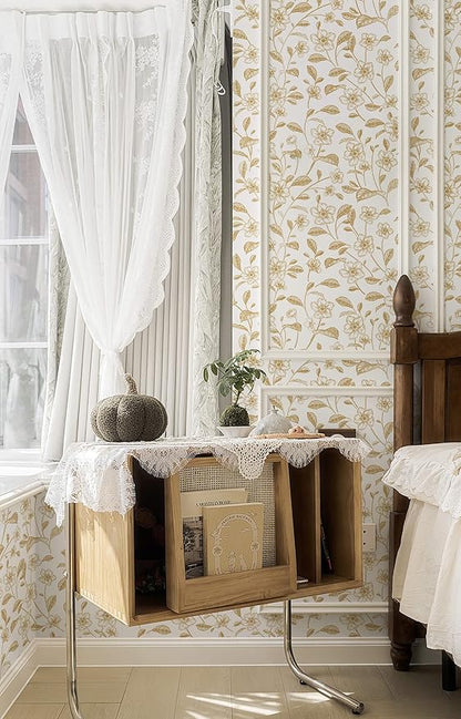 Heroad Floral Wallpaper Peel and Stick White and Gold Contact Paper Boho Peel and Stick Modern Clearance Wall Paper for Cabinets and Drawers Waterproof Self Adhesive 17.3" x 336"