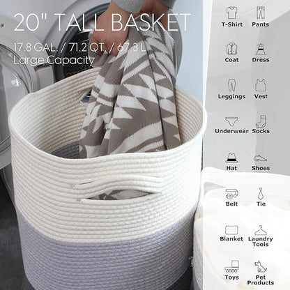 Sea Team Large Size Cotton Rope Woven Storage Basket with Lid, Lidded Laundry Hamper with Handles, Fabric Bucket with Cover, Clothes Toys Organizer for Kid's Room, 16 x 20 inches, White & Black