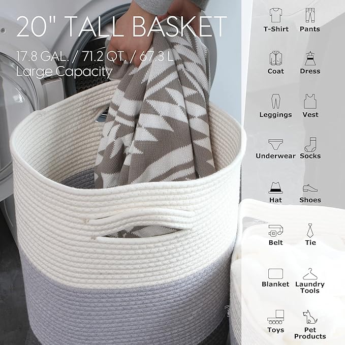 Sea Team Large Size Cotton Rope Woven Storage Basket with Lid, Lidded Laundry Hamper with Handles, Fabric Bucket with Cover, Clothes Toys Organizer for Kid's Room, 16 x 20 inches, White & Lavender