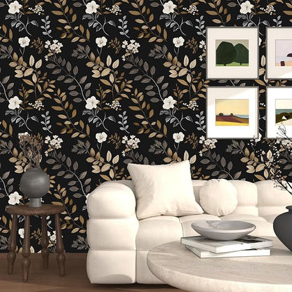 Vintage Wallpaper Peel and Stick Black Floral Wall paper 17.5'' x 393'' Gold Leaf Contact Paper Waterproof Self Adhesive Removable Modern Boho Walls Murals for Bedroom Cabinets Kitchen Locker Drawer