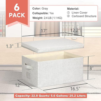 Large 17''x12'' Quart Collapsible Stackable Storage Bins with Lids, 6 Packs Off White Fabric Closet Boxes with Lids, Storage Cube Baskets Container Organizers for Bedroom Office(17''x12.2x''8'')