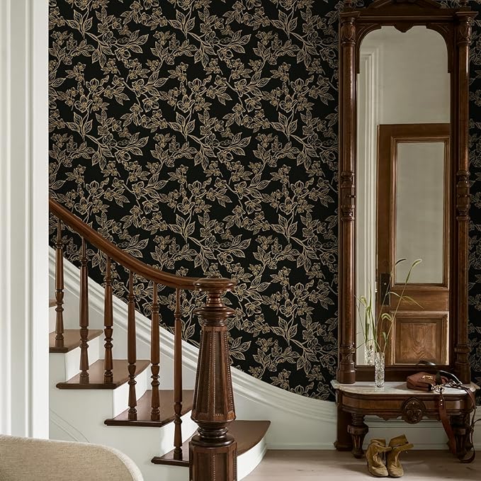 Ismoon Peel and Stick Wallpaper Black and Gold Stick on Wallpaper Dark Floral 17.3x78.7in Black Modern Wall Paper Removable Self Adhesive Contact Paper for Bedroom Cabinets Shelf Liner Vinyl
