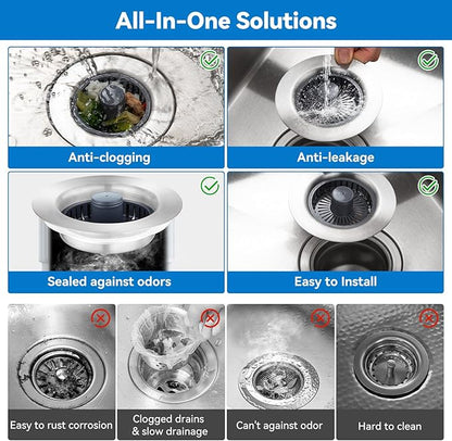 Upgraded 3-in-1 Kitchen Sink Drain Strainer, Stainless Steel Pop Up Kitchen Sink Stopper, Drain Plug for 3.5 Inch Sink Drain Hole, with Anti-Clogging Sink Strainer Basket Filter, Brushed Silver