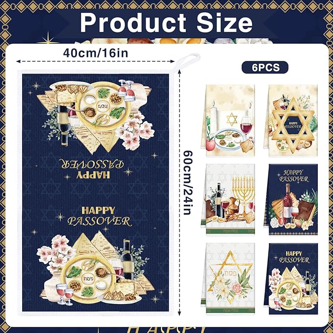 Happy Passover Kitchen Towels, Star of David Dish Towels Gifts for Cooking Cleaning Set of 6, Jewish Holiday Hand Towels with Hanging Loop for Bathroom Home Decor