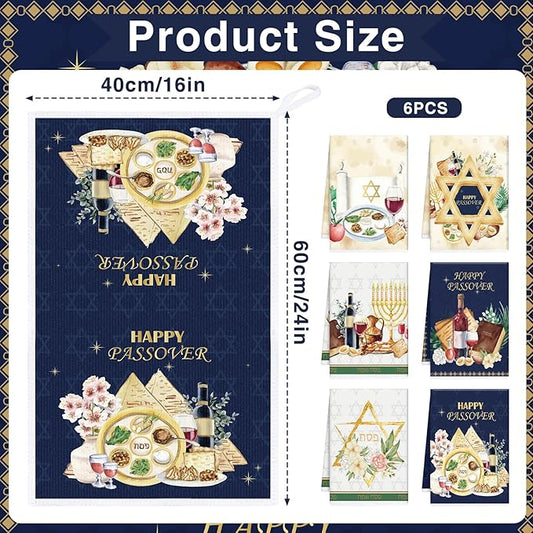 Happy Passover Kitchen Towels, Star of David Dish Towels Gifts for Cooking Cleaning Set of 6, Jewish Holiday Hand Towels with Hanging Loop for Bathroom Home Decor