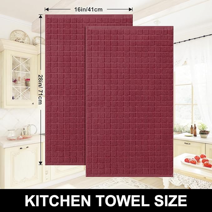 Homaxy Premium Cotton Kitchen Towels 16"x 28", Large Natural Ring Spun 390 GSM Dish Towels, Super Absorbent Terry Kitchen Hand Towels, Soft Tea Towels with Hanging Loop, Pure Red Design, 6 Pack