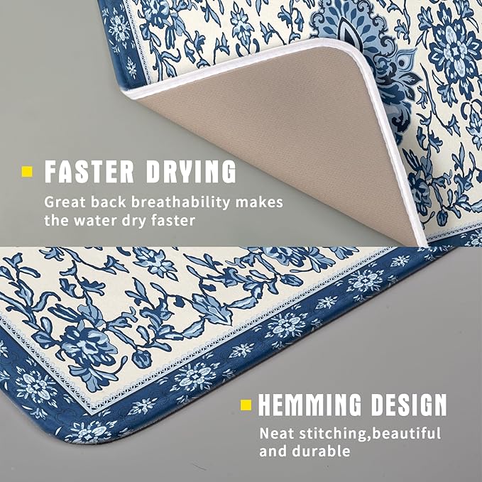 Blue Floral Dish Drying Mat for Kitchen Counter 16x18 Chinoiserie Flower Print Vintage Absorbent Reversible Microfiber Drying Mats Kitchen Countertop Protector Dishes Drainer Rack Pad