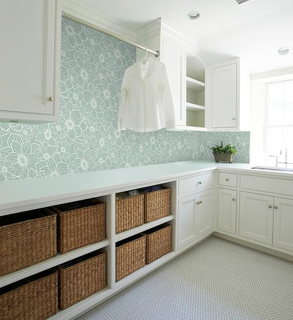 Guvana Peel and Stick Wallpaper Floral Wall Paper Boho Grayish Green and White Removable Self Adhesive Wallpaper for Bedroom Bathroom Contact Papaer for Cabinet Waterproof Vinyl Roll 17.3"×197"