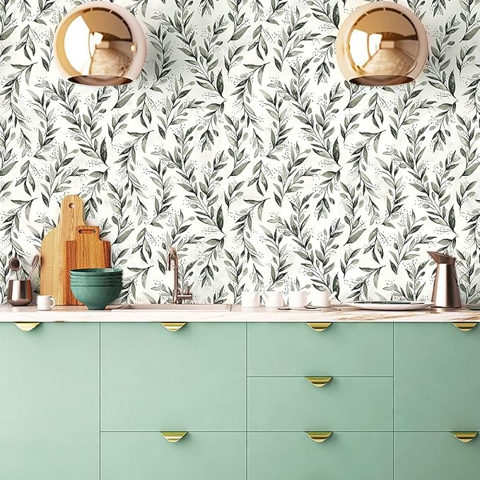 Livebor Green Leaf Peel and Stick Wallpaper Olive Leaf Contact Paper 17.7inch x 393.7inch Sage Green Wallpaper Peel and Stick Eucalyptus Farmhouse Wall Paper Neutral Self Adhesive Decorative Vinyl