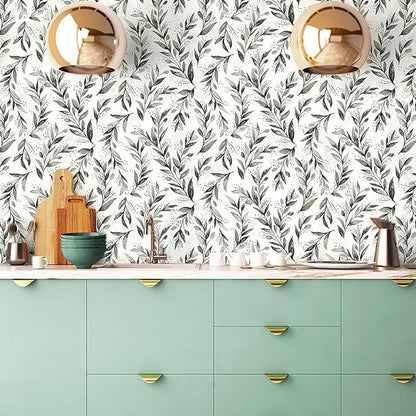 Livebor Olive Leaf Wallpaper Peel and Stick Leaf Contact Paper 17.7inch x 236.2inch Sage Green Peel and Stick Wallpaper Modern Farmhouse Wall Paper Neutral Removable Self Adhesive Decorative Vinyl
