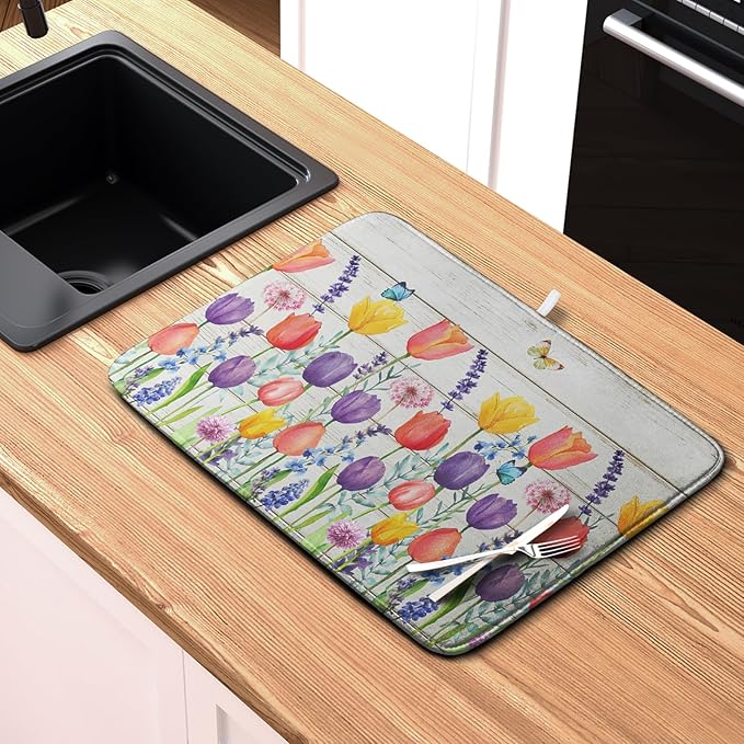 Tulip Floral Dish Drying Mat for Kitchen Counter Watercolor Spring Flower Dish Mat Absorbent Microfiber Dish Draining Mat Reversible Heat Resistant Dishes Pad Large 16 x 18 Inch