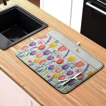 Tulip Floral Dish Drying Mat for Kitchen Counter Watercolor Spring Flower Dish Mat Absorbent Microfiber Dish Draining Mat Reversible Heat Resistant Dishes Pad Large 18 x 24 Inch