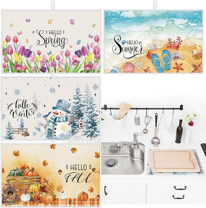 Teenyyou 4 Pcs Seasonal Dish Drying Mats for Kitchen 24"x 16" Winter Holiday Microfiber Absorbent Washable Drainer Mat for Counter Spring Summer Fall Home Accessories Decoration(Nature)
