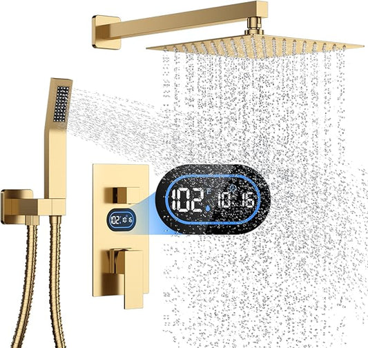Shower Faucet Set with Hydro Power Temperature Display, Shower System Bathroom 10 Inches Shower Head with Handheld Spray, Wall Mounted Shower Fixtures with Shower Valve and Trim Kit, Brushed Gold