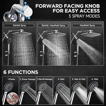 Veken Wide High Pressure Rain Shower Head with Handheld, Handheld Shower Heads with Multi Spray Modes, Rainfall Combo with 15" Metal Extension Arm,Detachable Dual Shower,1.8GPM, Chrome Silver