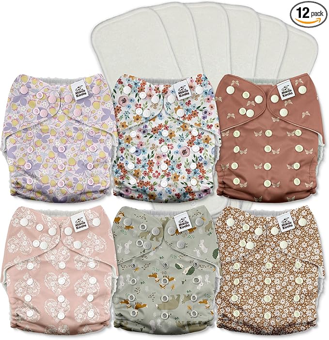 Mama Koala 3.0 Pocket Cloth Diapers for Babies with AWJ Lining, 6 Pack with 6 5-Layer Natural Cloth Diaper Inserts - Reusable and Washable Pocket Diapers(A-Wild Flowers)