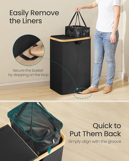 SONGMICS Laundry Hamper with Lids, Laundry Basket with 2 Compartments, 39 Gal. (150 L), Removable Liner Bag, for Laundry Room, Bedroom, Living Room, Ink Black and Light Bamboo ULCB523B01