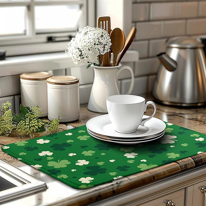 Green Shamrock St. Patrick's Day Dish Drying Mat for Kitchen Counter Lucky Clover large Dish Drying Pad Absorbent Reversible Microfiber Draining Pad Washable Drying Mats 18x24 Inch